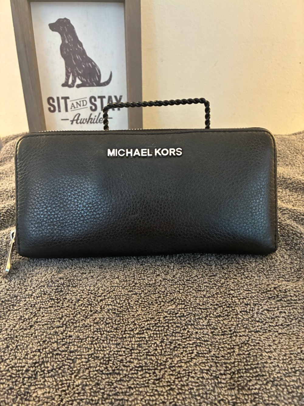 Michael Kors Black Pebble Leather Men's Zip Wallet with Braided Top Handle